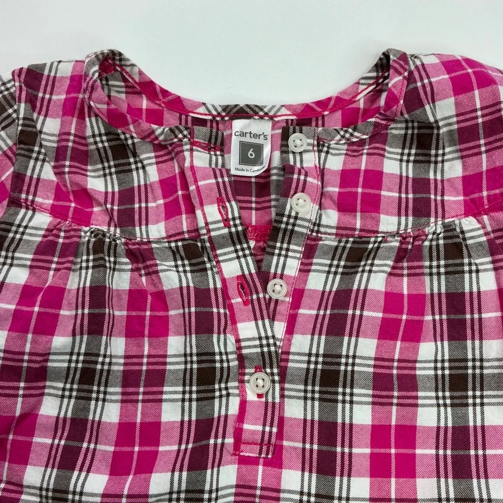 Carter's Pink Plaid Tunic Top Kids Size 6 Roll-Tab Sleeve Cotton Henley